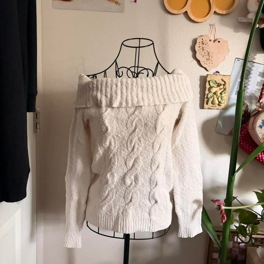 Free People Off the Shoulder Cream Cable Knit Sweater M